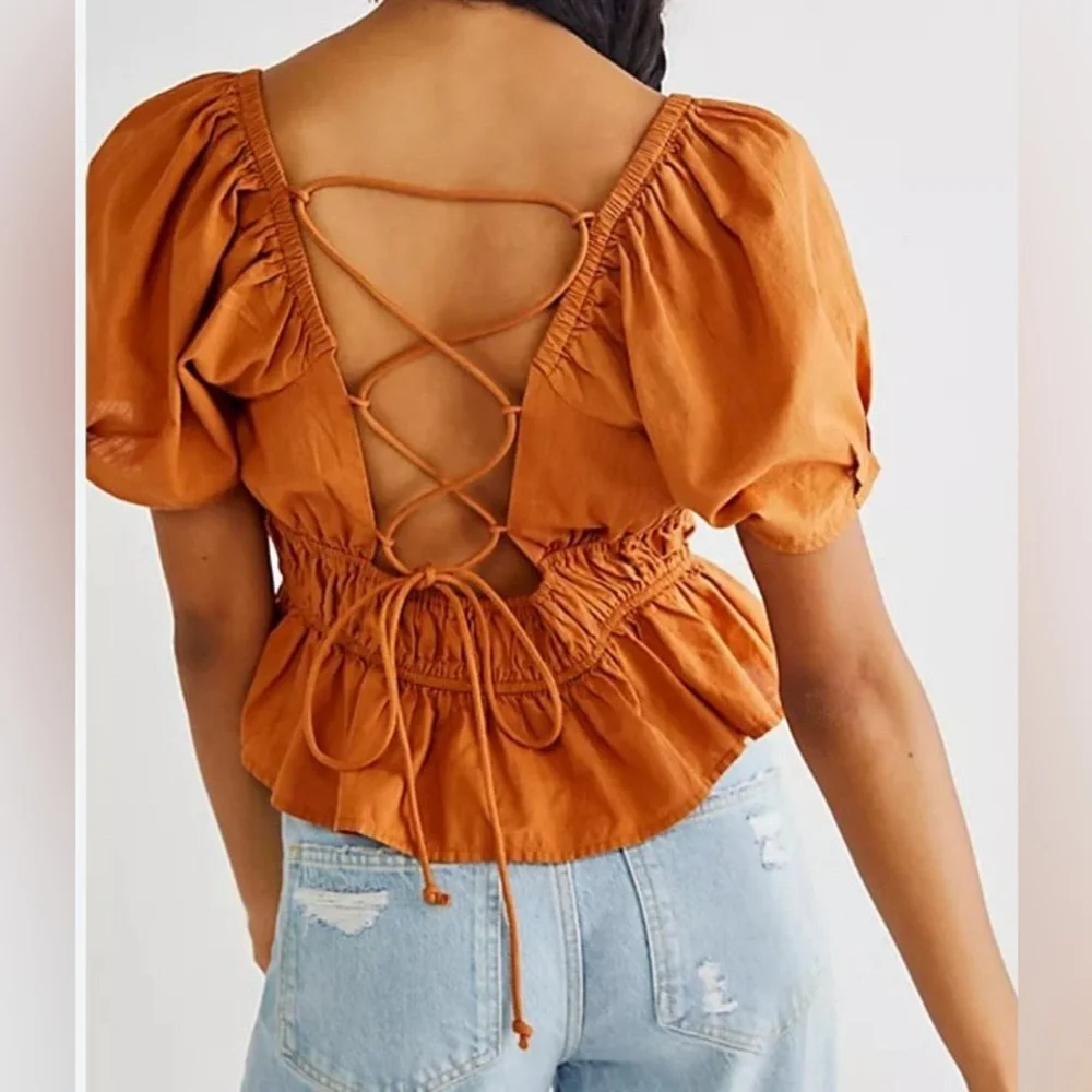 Free People Rust Puff Sleeve Blouse